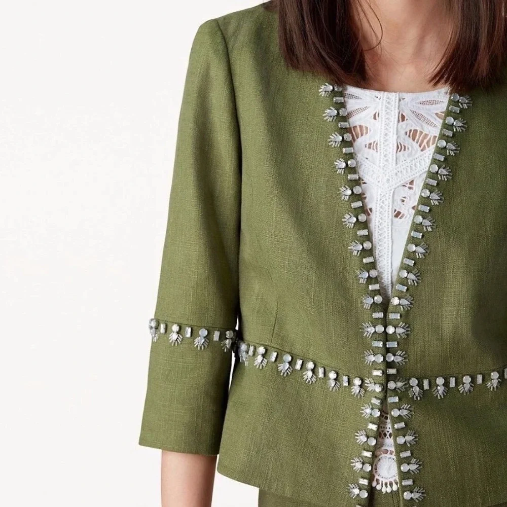 TORY BURCH Avery Hills Linen Blend 3/4 Jacket Blazer Olive Green Size‎ 4 New